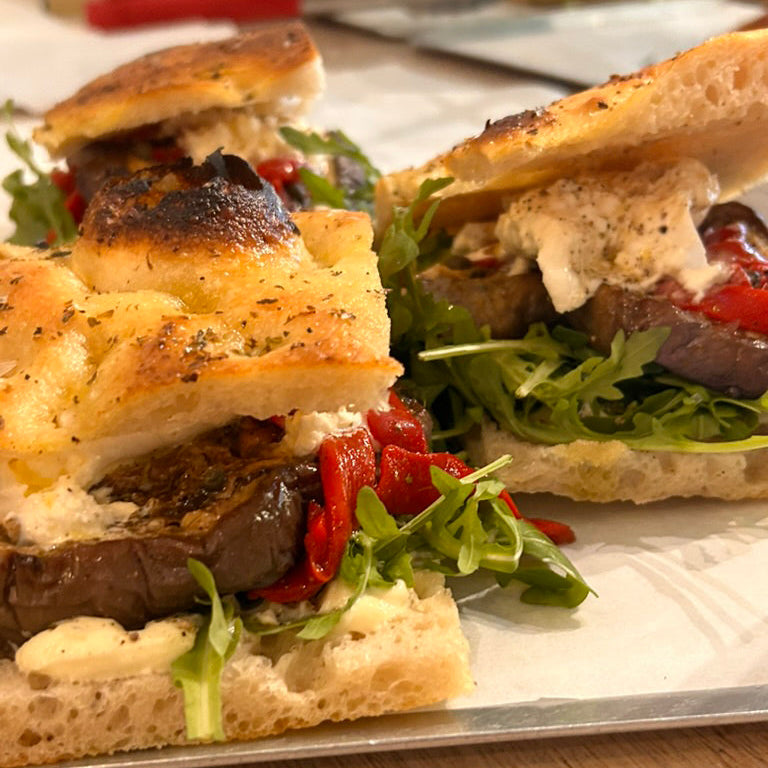 Vegetable Sandwich - Aubergine caponata, ricotta & rocket – Brassica Forno